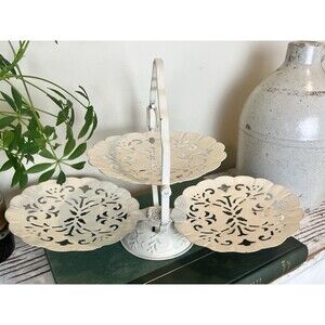 Vintage 3 Tier Folding Metal Server Tray Scalloped Metal Shabby Chic / Country